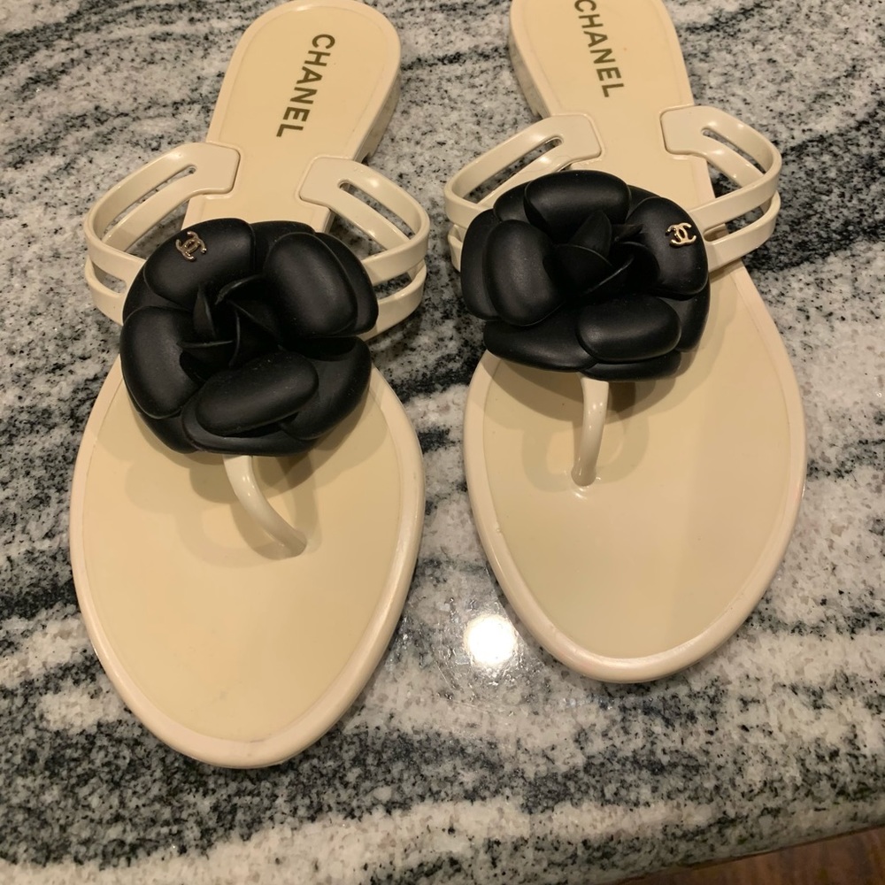 Chanel Camellia Ivory Flip Flops